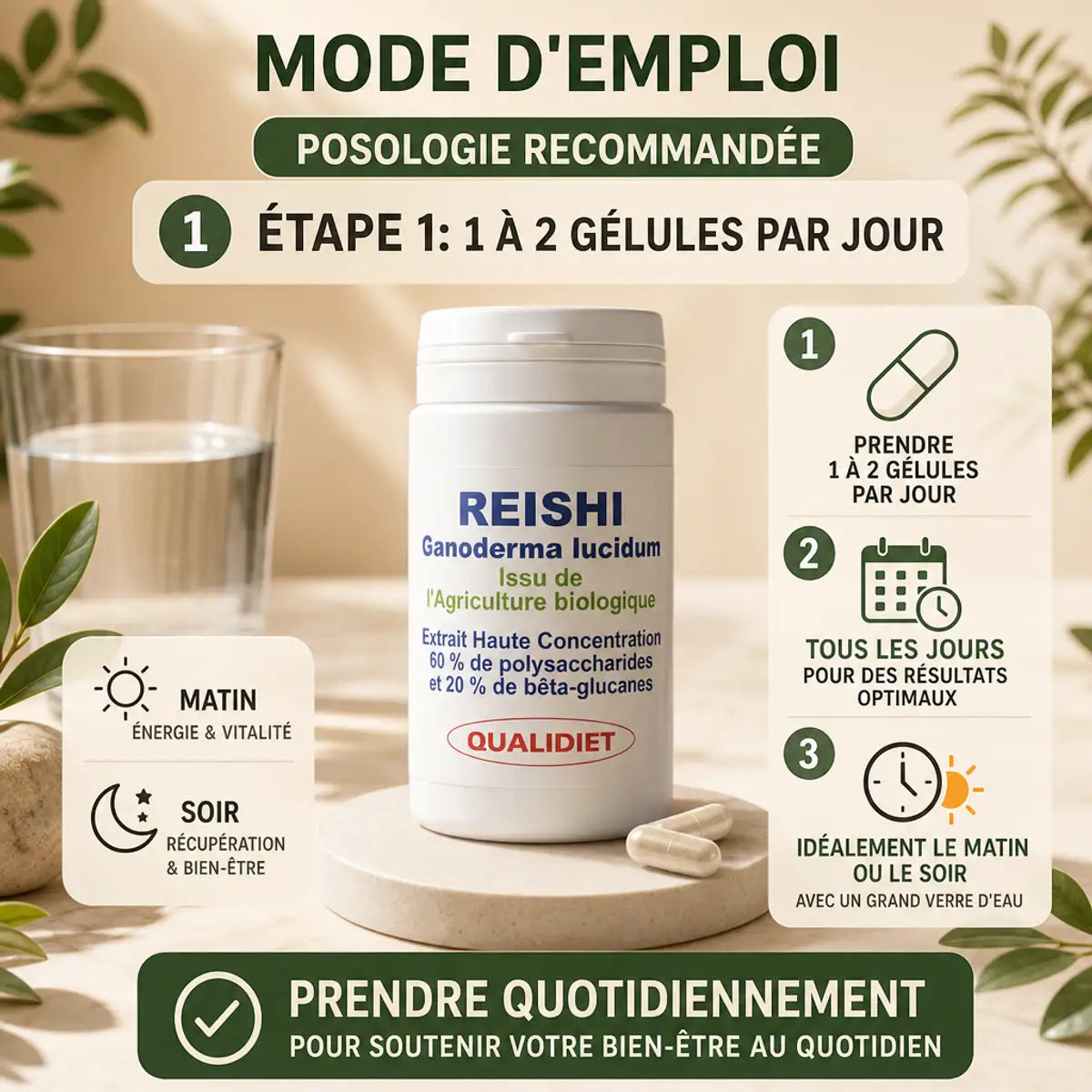 Reishi 500mg Qualidiet - Flacon blanc avec guide posologie, 1 à 2 gélules par jour