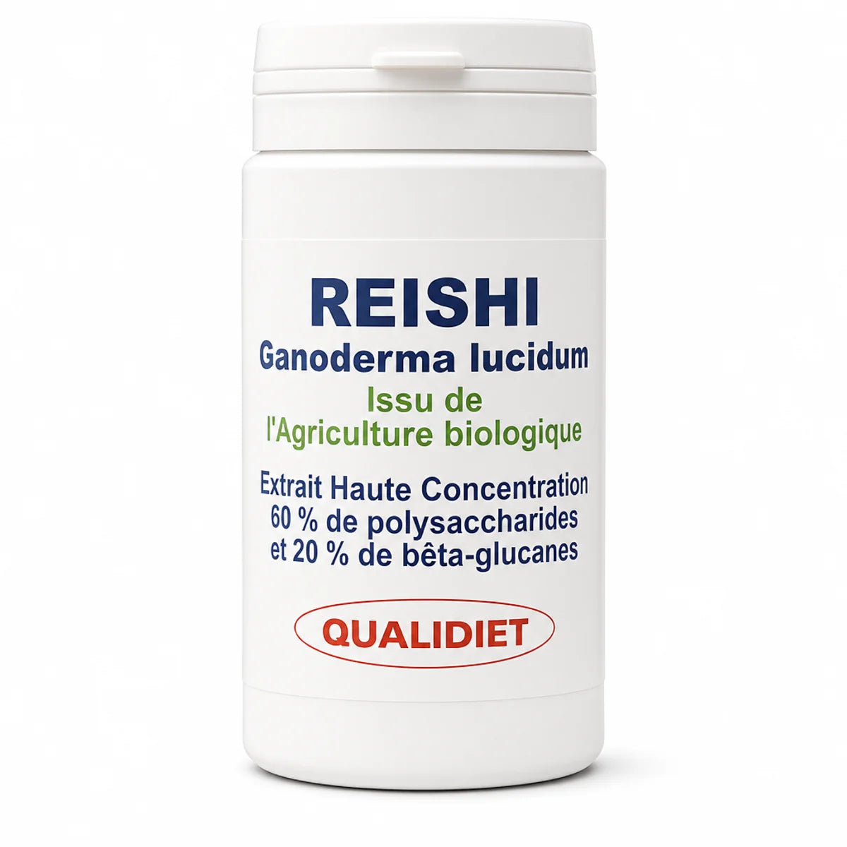 Reishi 500 mg Bio 60 gélules Qualidiet flacon blanc sur fond blanc