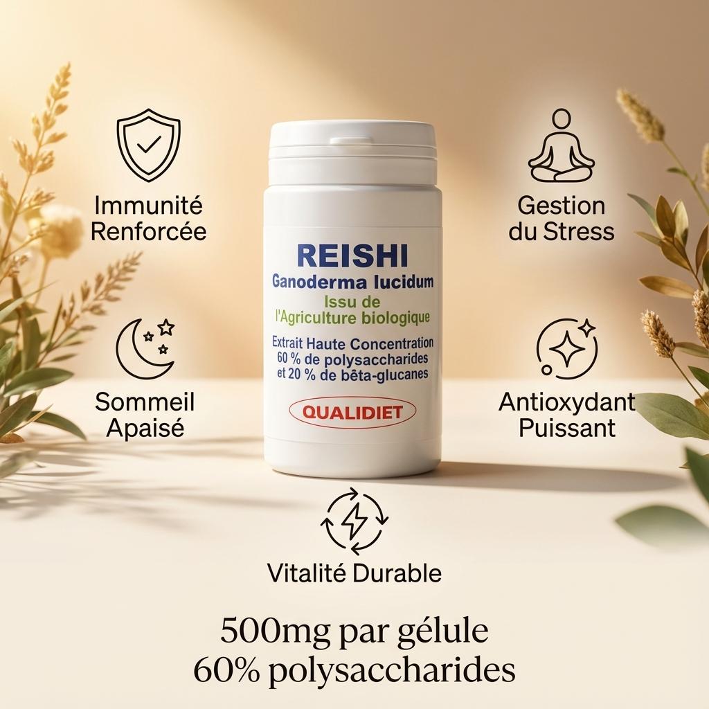 Reishi 500mg Bio 60 gélules Vitalosmose - Immunité, stress et sommeil avec infographie des bénéfices