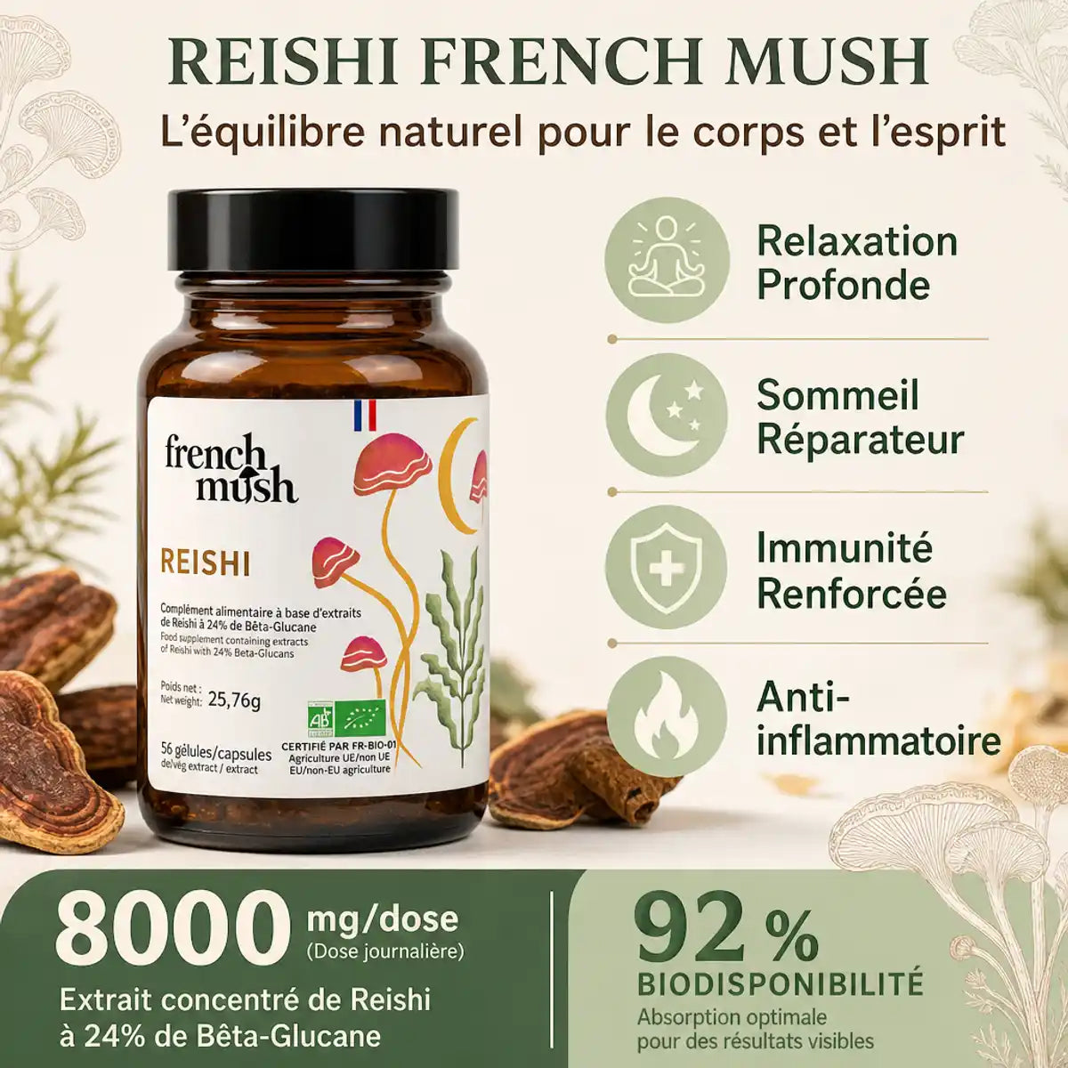 Reishi French Mush flacon 56 gélules - Relaxation, sommeil réparateur et immunité renforcée