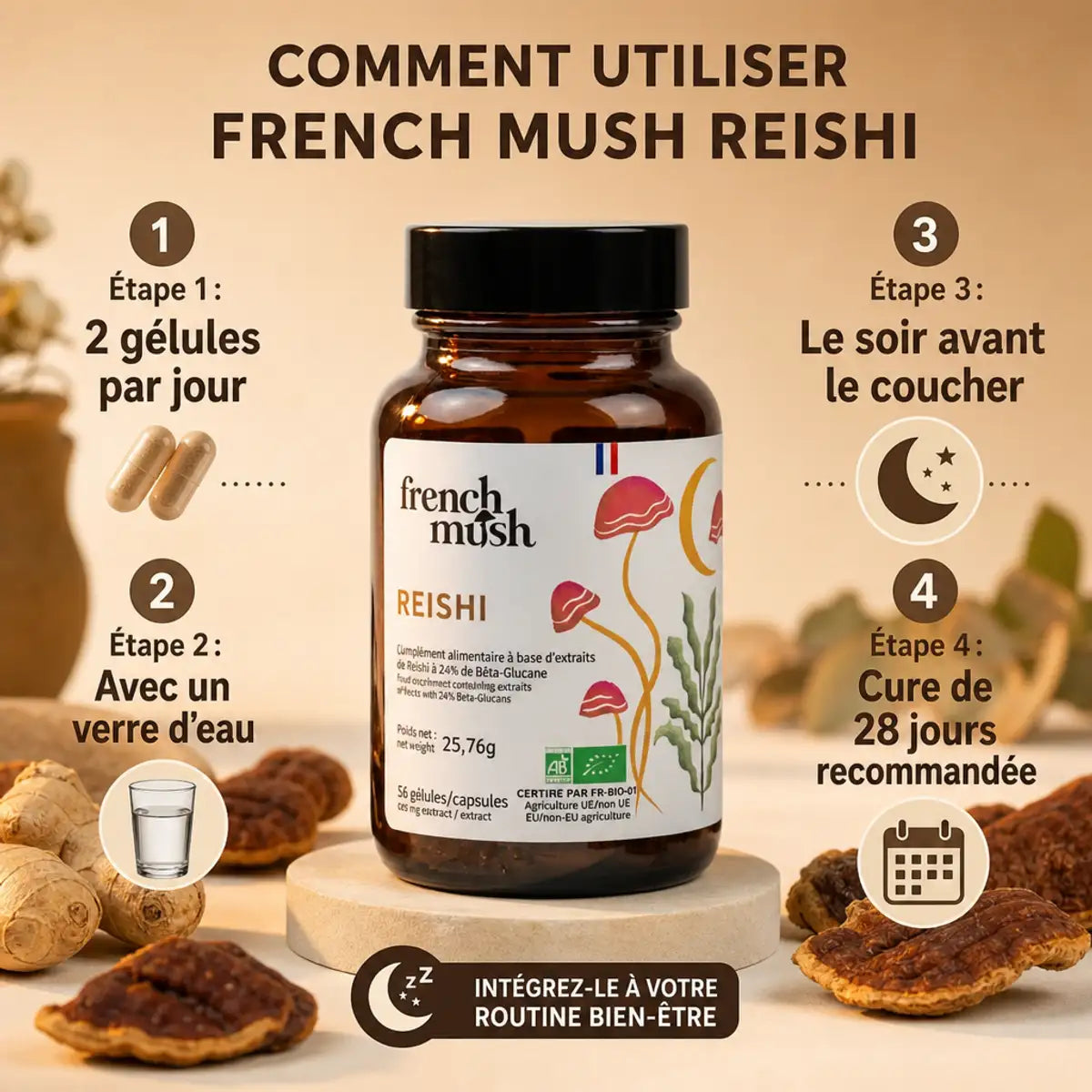 Reishi French Mush 56 gélules - Mode d'emploi: 2 gélules le soir avec eau pour relaxation et sommeil