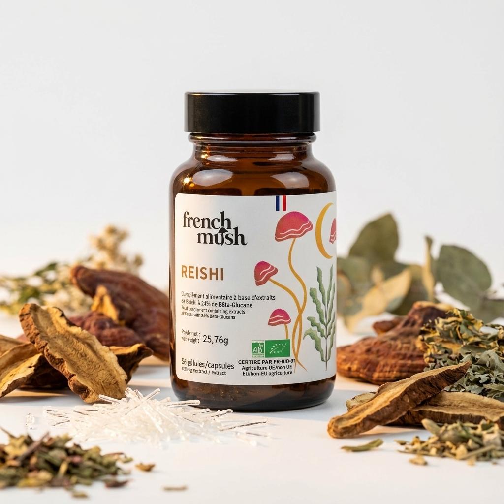 Reishi French Mush 56 gélules avec champignons reishi séchés et ingrédients naturels sur fond blanc