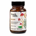 Bouteille Reishi French Mush en verre ambré avec étiquette blanche et illustrations de champignons rouges, 56 gélules