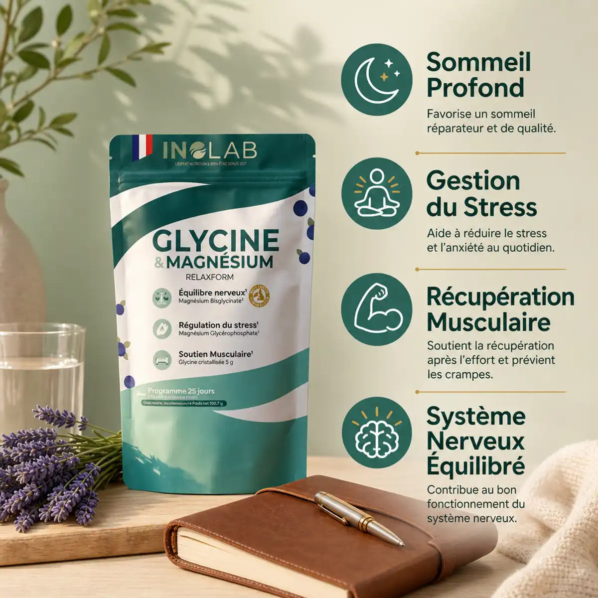 Relaxform Glycine Magnésium 180g Inolab - Sommeil, stress, récupération musculaire
