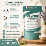Relaxform Inolab - Glycine et Magnésium 180g avec infographie ingrédients actifs et bénéfices bien-être
