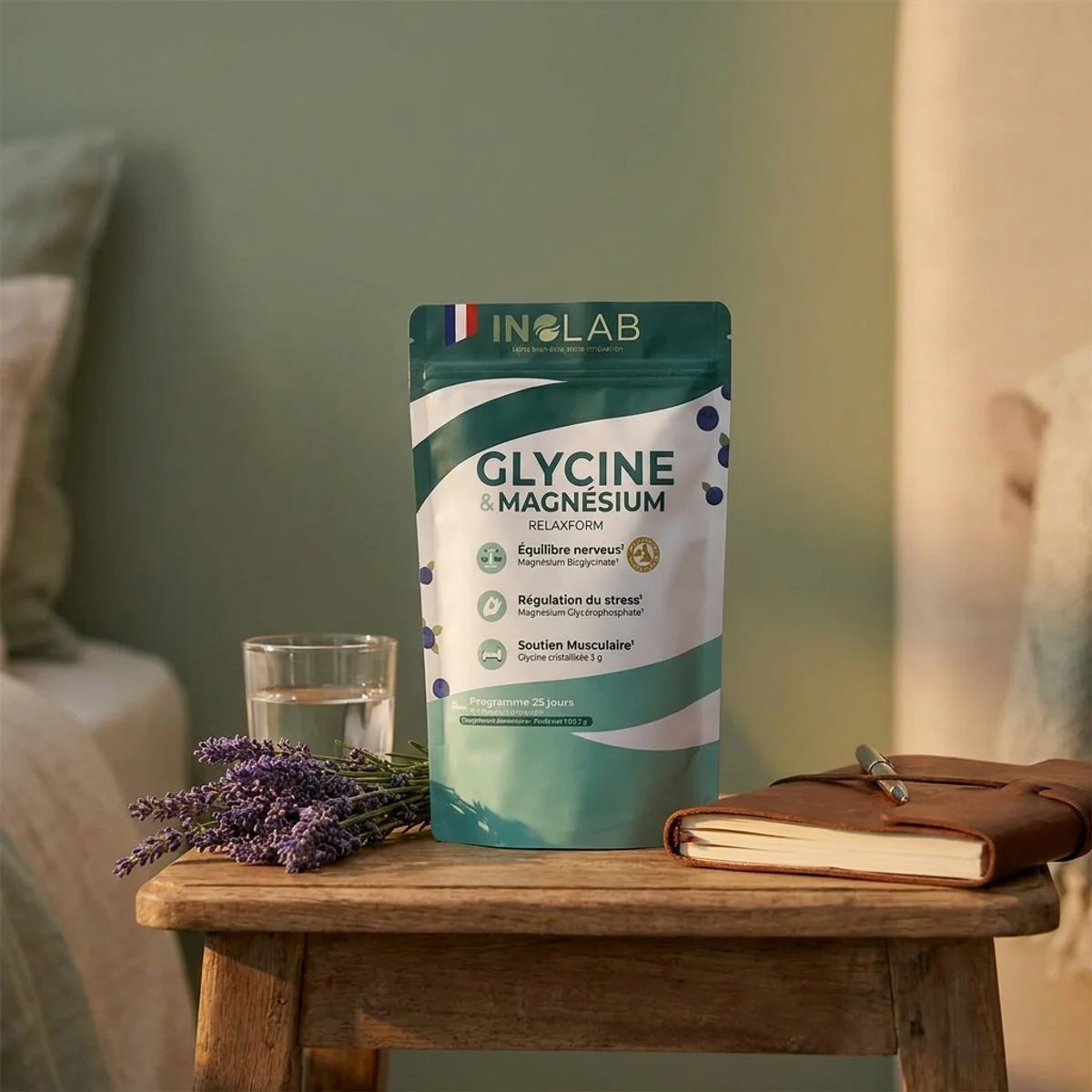 Relaxform Glycine Magnésium 180g Inolab sur table de nuit avec lavande et verre d'eau