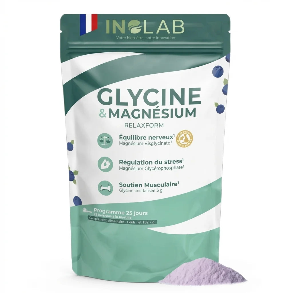 Relaxform Glycine Magnesium 180g poudre Inolab sachet doypack teal avec poudre violette
