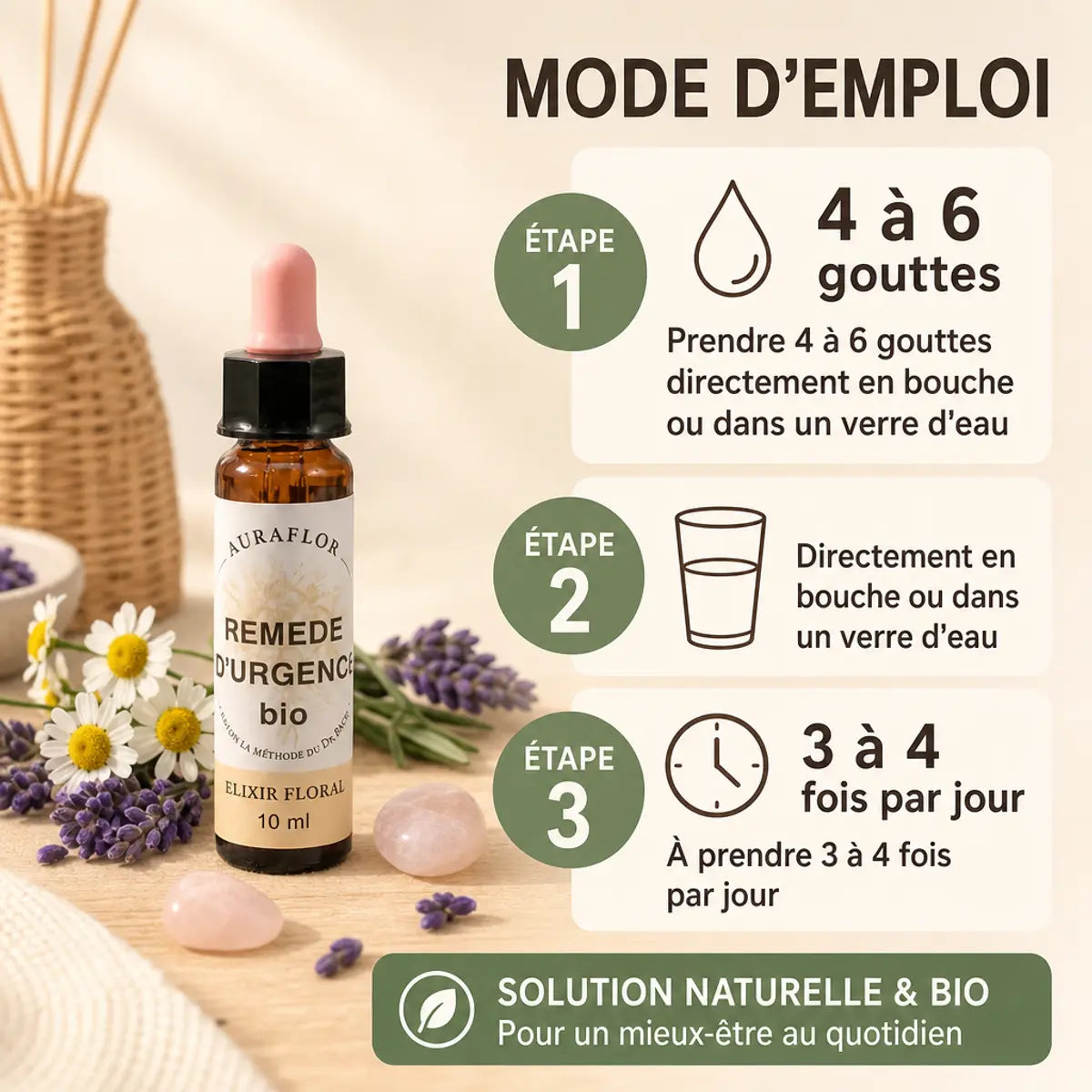 Remède d'Urgence bio 10ml Dioter - Flacon avec mode d'emploi et instructions de dosage
