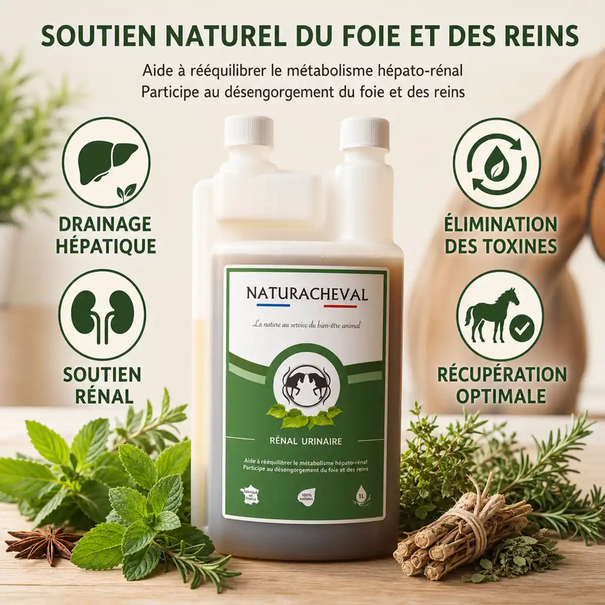 Renal'Urinaire 1L Naturacheval - Drainage hépatique et soutien rénal du cheval