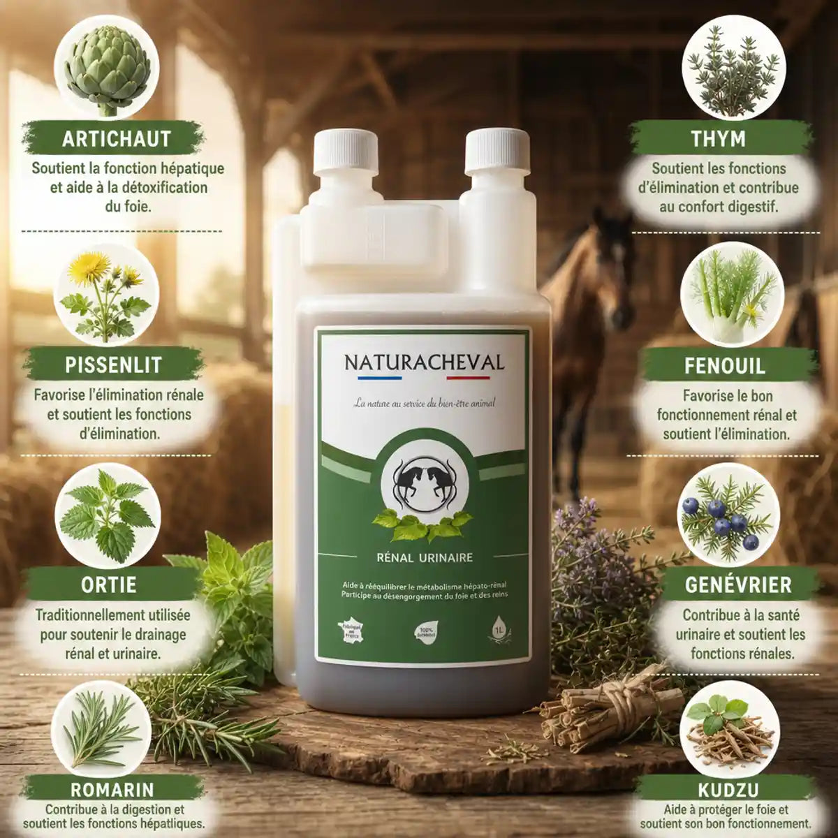 Renal'Urinaire Naturachavel 1L flacon foie reins cheval avec plantes artichaut pissenlit ortie