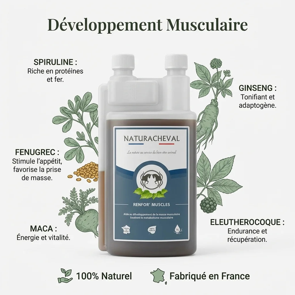 Bouteille Renfor'Muscles Cheval Naturacheval 1L avec ingrédients naturels et bénéfices musculaires