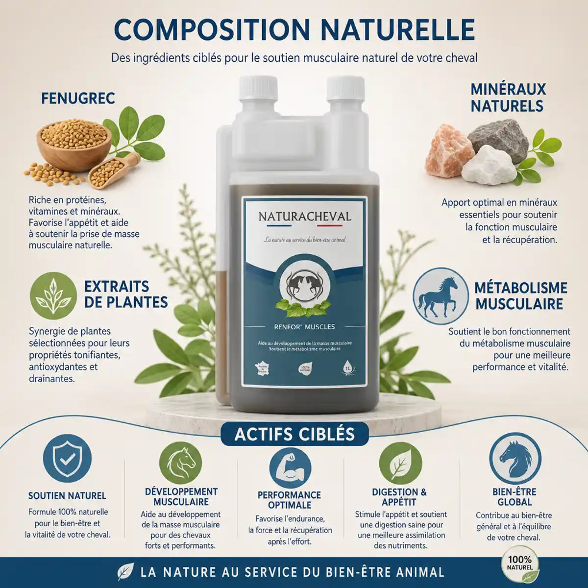 Flacon Naturachavel Renfor'Muscles 1L avec ingrédients naturels pour développement musculaire équin