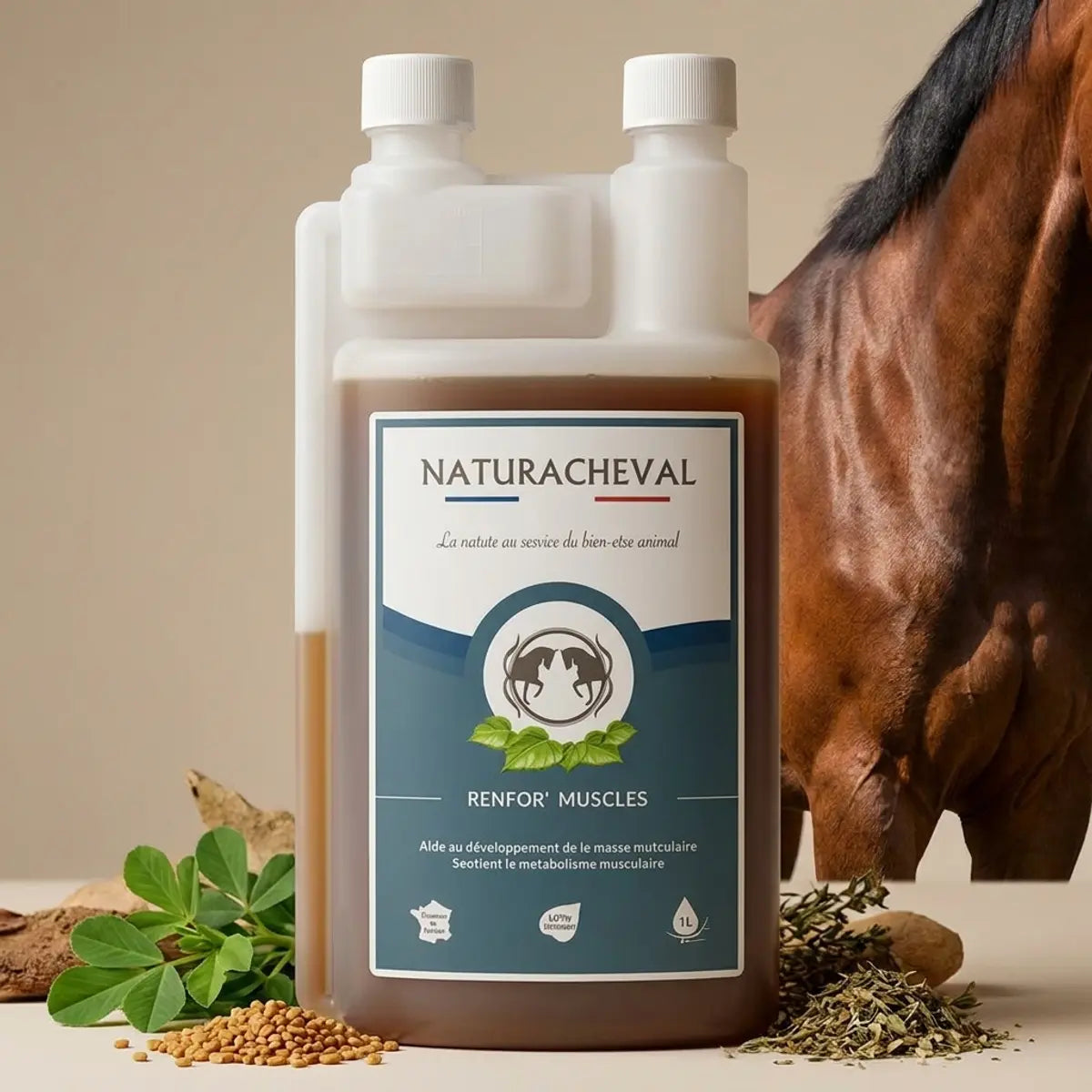 Renfor'Muscles Cheval 1L Naturacheval avec ingrédients naturels et musculature équine