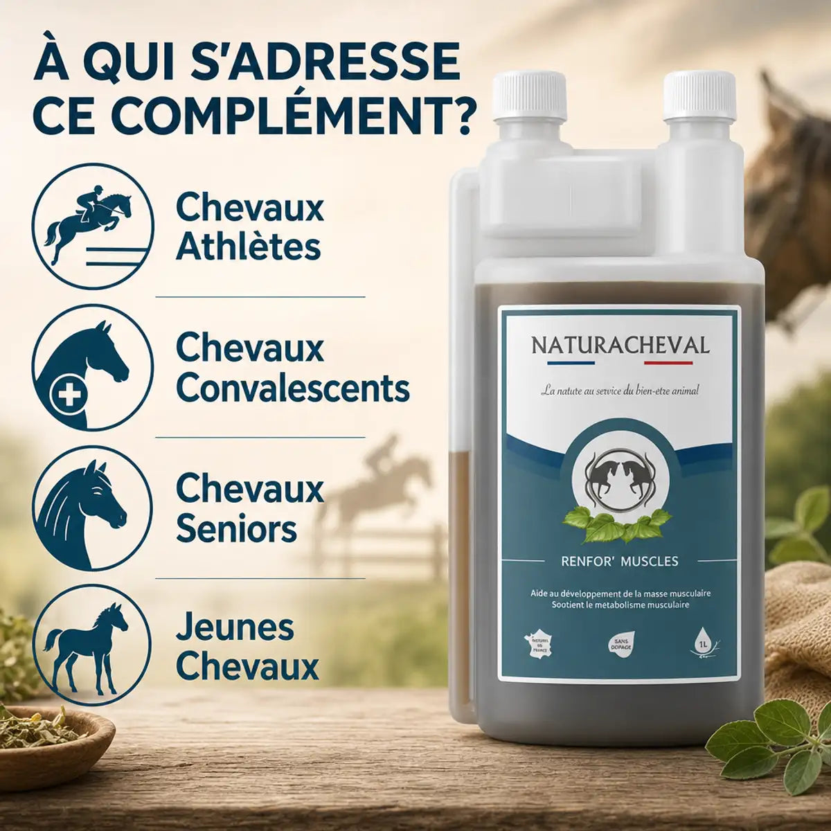 Renfor'Muscles Cheval Naturacheval complément musculaire pour chevaux athlètes, seniors et convalescents