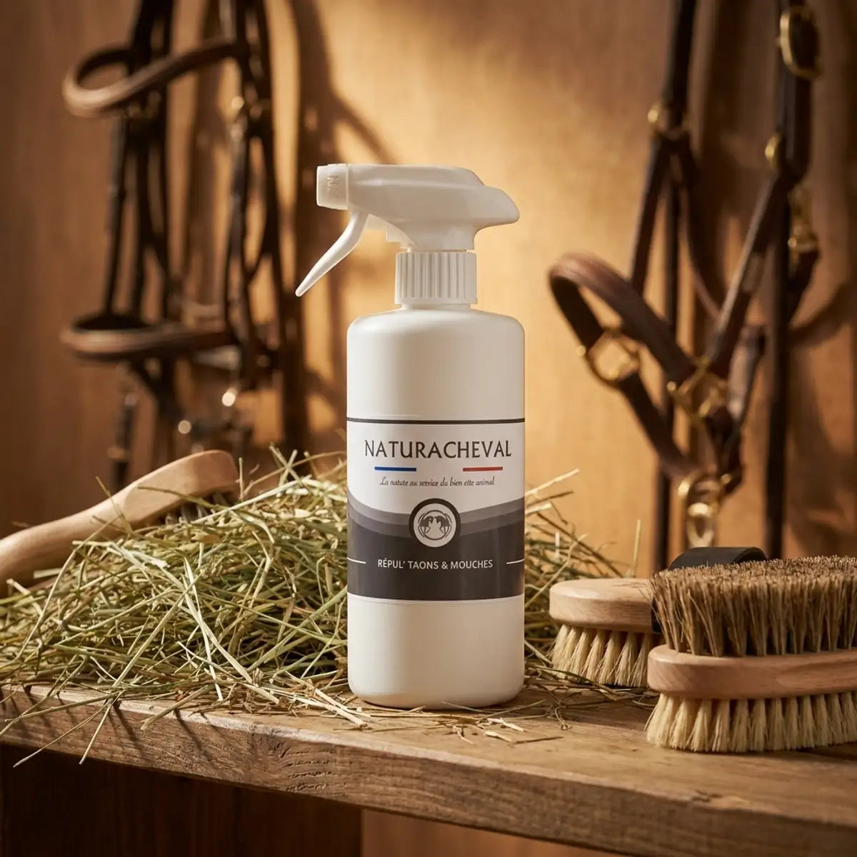 Spray Répul' Taons & Mouches Naturacheval 500ml sur étagère écurie avec accessoires équestres