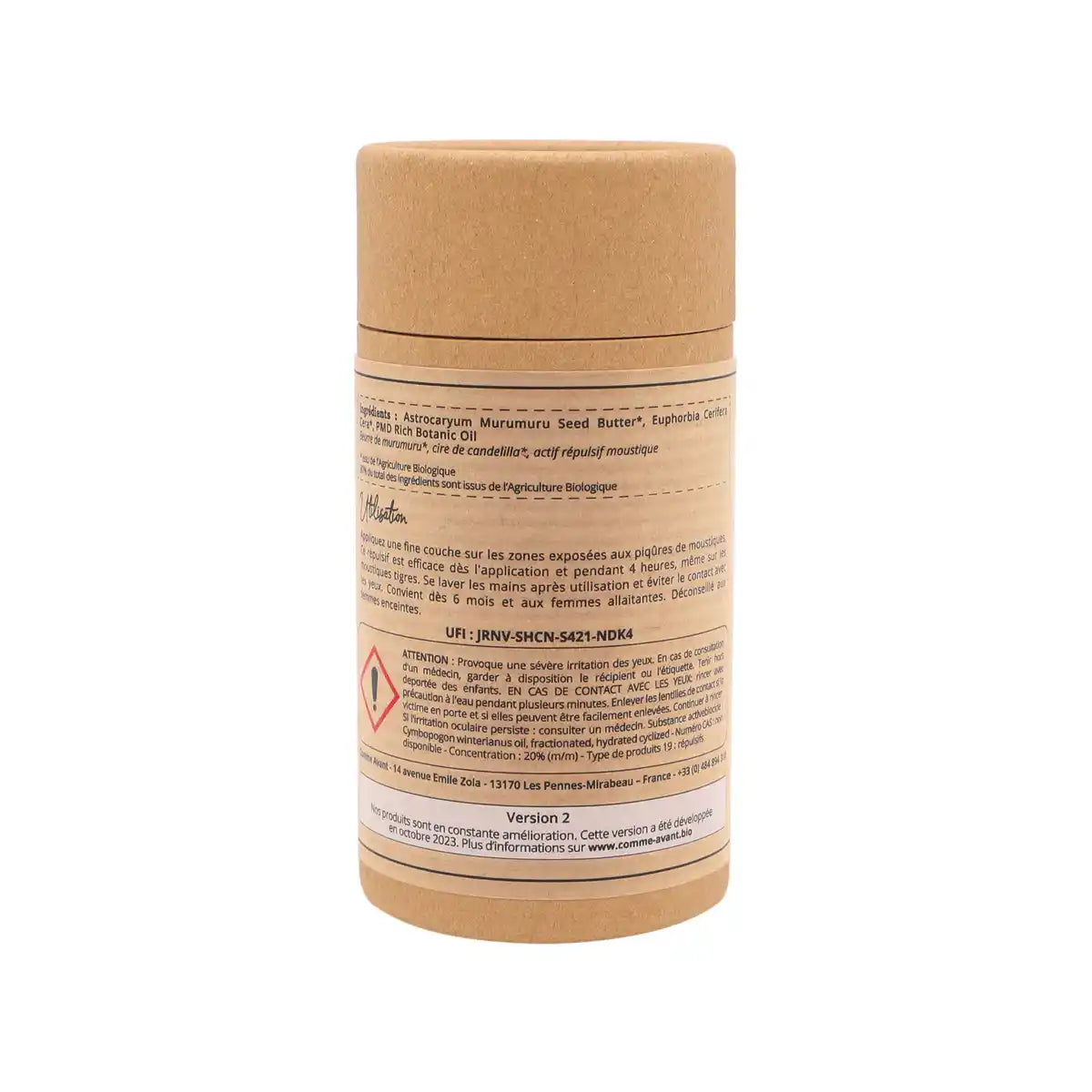 Le verso du packaging du Répulsif Moustique Solide au Beurre de Murumuru Comme Avant