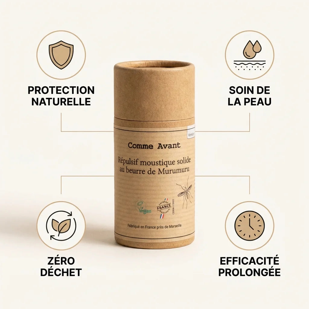 Répulsif moustique solide Beurre de Murumuru Comme Avant avec icônes bénéfices naturels