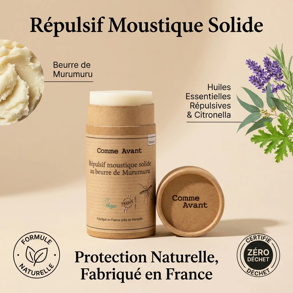 Répulsif moustique solide Comme Avant au beurre de murumuru avec packaging naturel zéro déchet