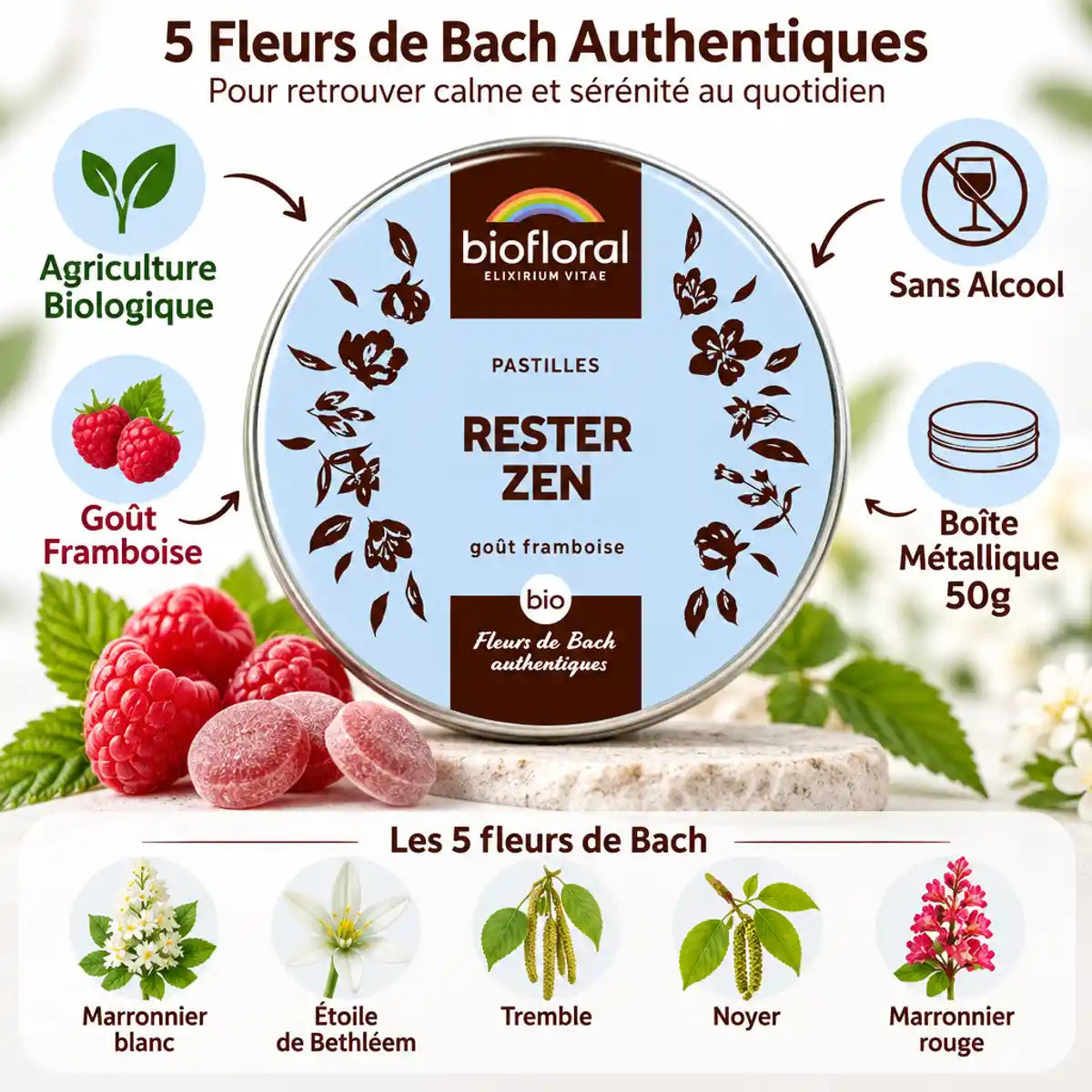 Biofloral Rester Zen pastilles fleurs de Bach bio, boîte métallique 50g, goût framboise sans alcool