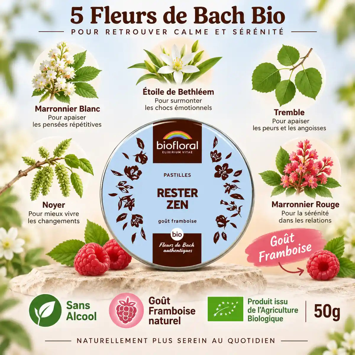Boîte Biofloral Rester Zen avec 5 fleurs de Bach bio, pastilles goût framboise sans alcool