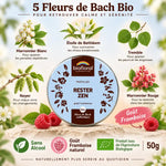 Boîte Biofloral Rester Zen avec 5 fleurs de Bach bio, pastilles goût framboise sans alcool