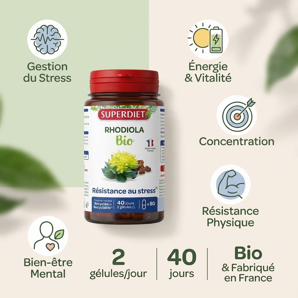 Rhodiola Bio Superdiet 80 gélules avec bénéfices : stress, énergie, concentration et bien-être mental