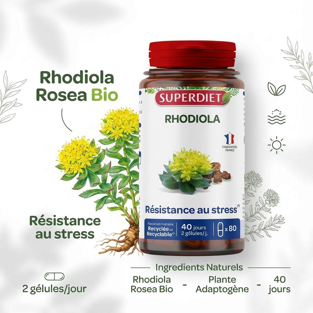 Rhodiola Bio Superdiet 80 gélules en flacon verre brun avec fleur jaune, adaptogène anti-stress naturel
