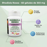Rhodiola Rosea 60 gélules VitalOsmose avec bénéfices : énergie, stress, performance intellectuelle, équilibre émotionnel