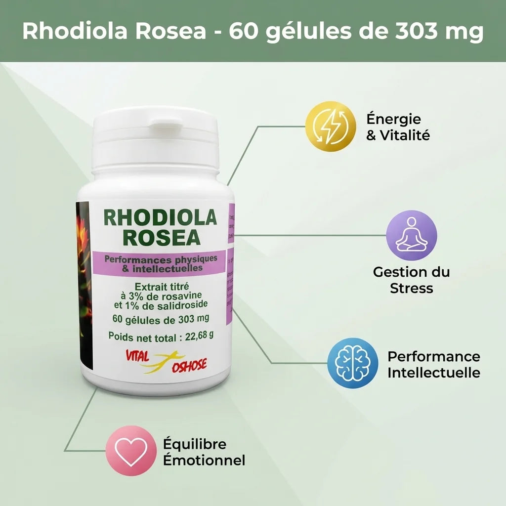 Rhodiola Rosea 60 gélules VitalOsmose avec bénéfices : énergie, stress, performance intellectuelle, équilibre émotionnel