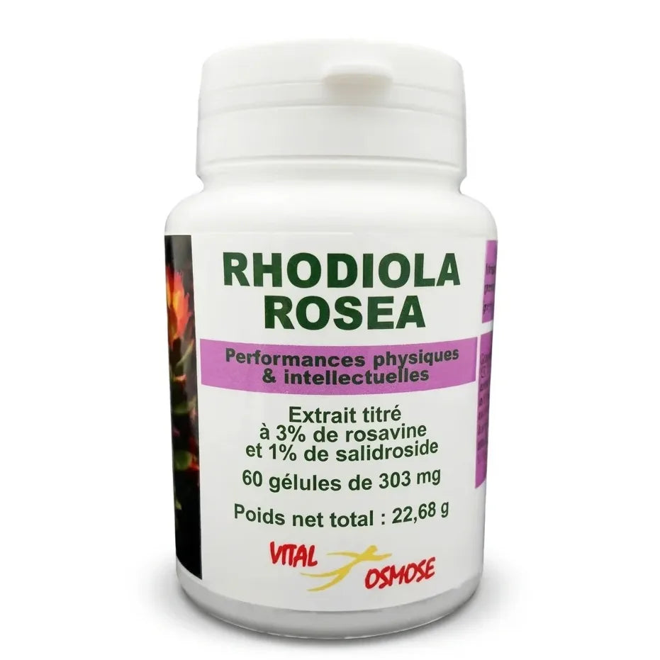 Rhodiola Rosea 60 gélules VitalOsmose - Flacon avec étiquette violet et rose, fond blanc