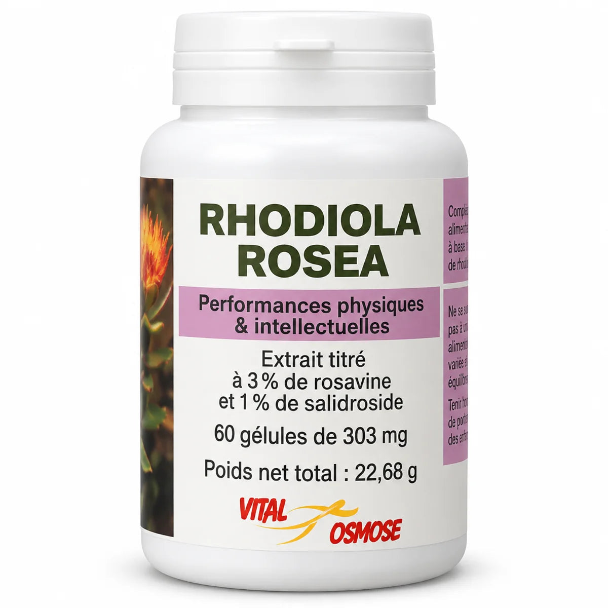 Rhodiola Rosea 60 gélules VitalOsmose - Extrait 1% salidroside 3% rosavine
