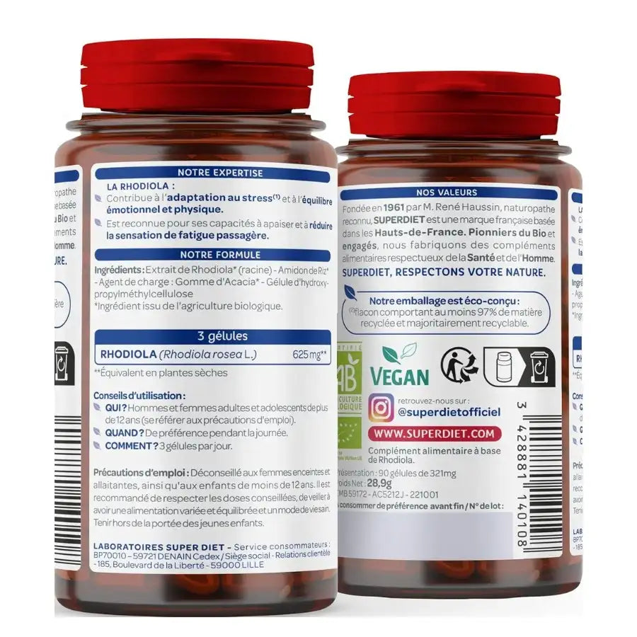 Le dos d'une Boite de Rhodiola Bio de 90 Gélules de la marque Superdiet