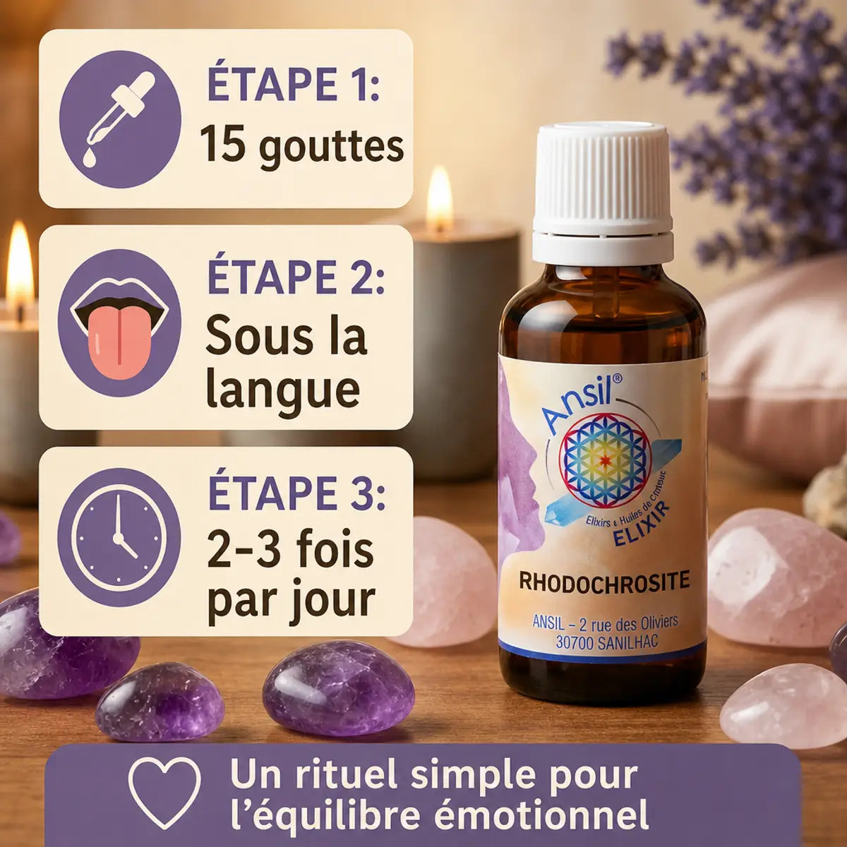 Rhodocrosite élixir cristal 30ml Ansil avec mode d'emploi : 15 gouttes sous la langue 2-3 fois par jour