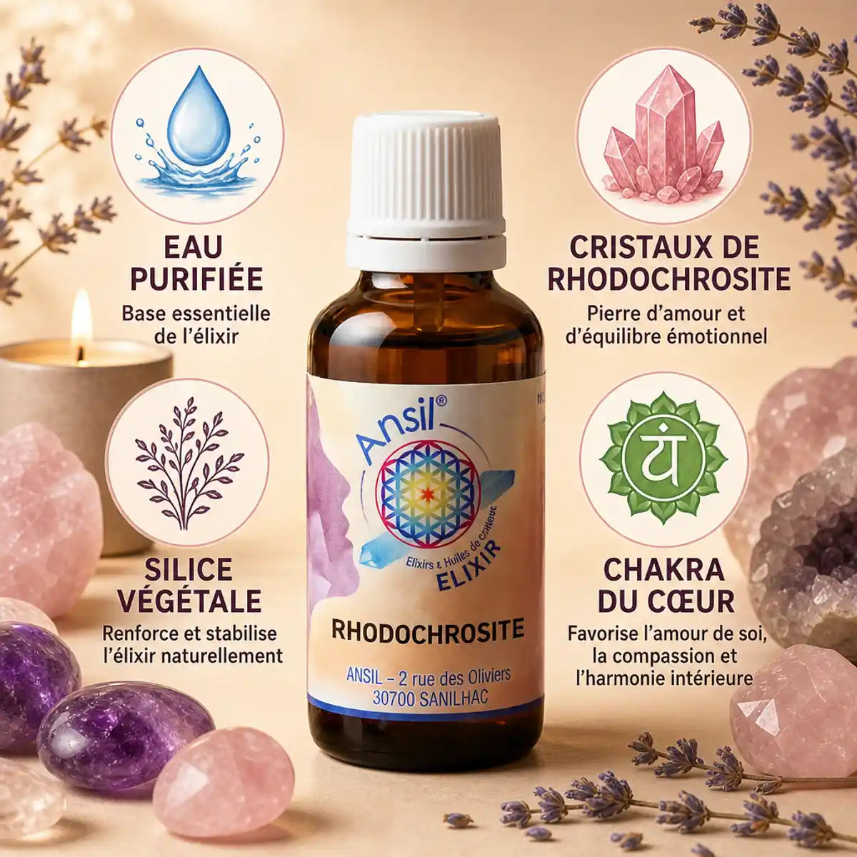 Rhodocrosite élixir de cristal Ansil 30ml avec ingrédients et chakra du cœur