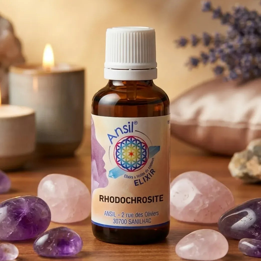 Rhodocrosite élixir de cristal Ansil 30ml avec cristaux améthyste et quartz rose sur fond wellness