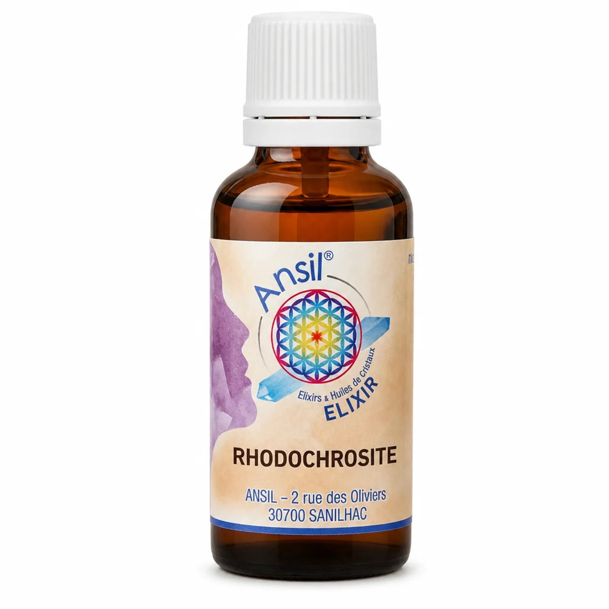 Flacon Rhodocrosite élixir de cristal Ansil 30ml sur fond blanc