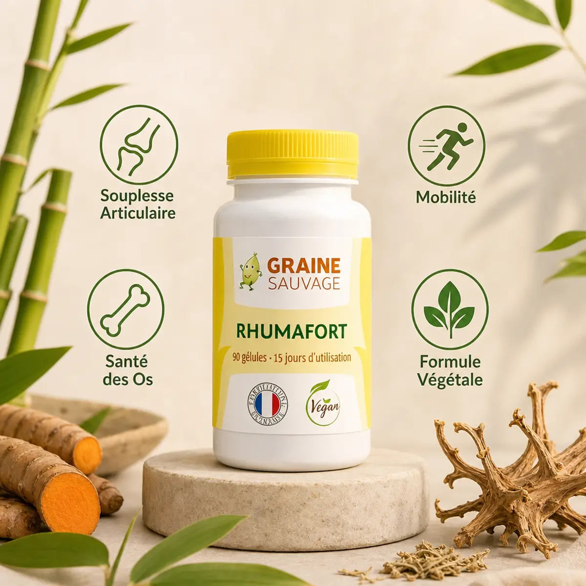 Rhumafort 90 gélules Graine Sauvage avec icônes souplesse articulaire, mobilité, santé os et formule végétale
