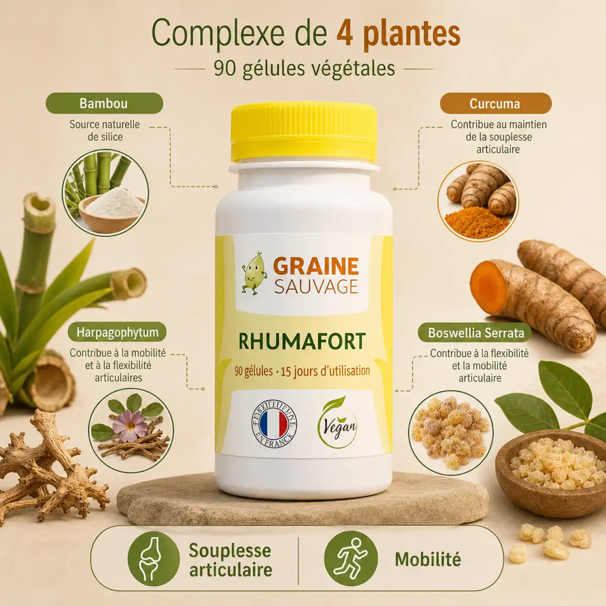 Rhumafort 90 gélules Graine Sauvage - Complexe 4 plantes pour souplesse articulaire
