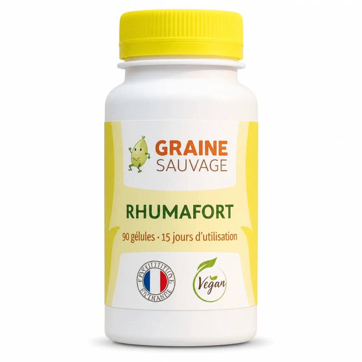 Rhumafort 90 gélules complément alimentaire articulaire Graine sauvage bouteille blanc et jaune
