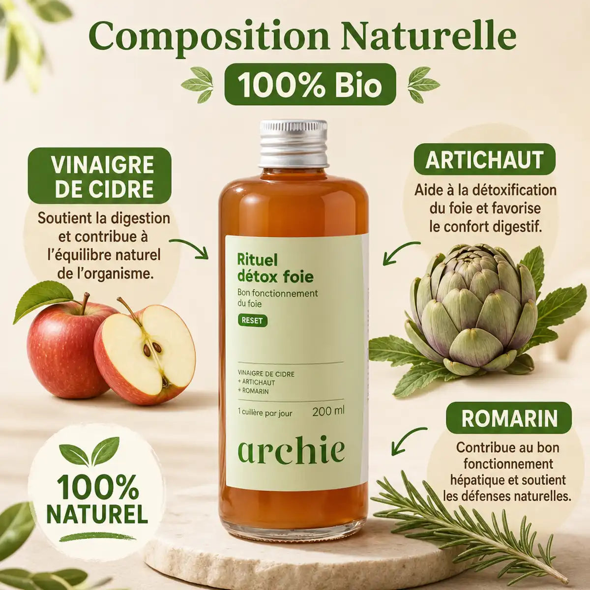 Rituel Foie Détox Bio 200ml Archie - Flacon ambre avec vinaigre cidre, artichaut et romarin bio