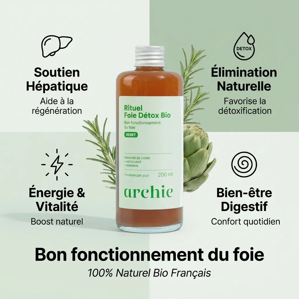 Rituel Foie Détox Bio Archie - Bouteille avec 4 bénéfices : soutien hépatique, détox naturelle, énergie et bien-être digestif