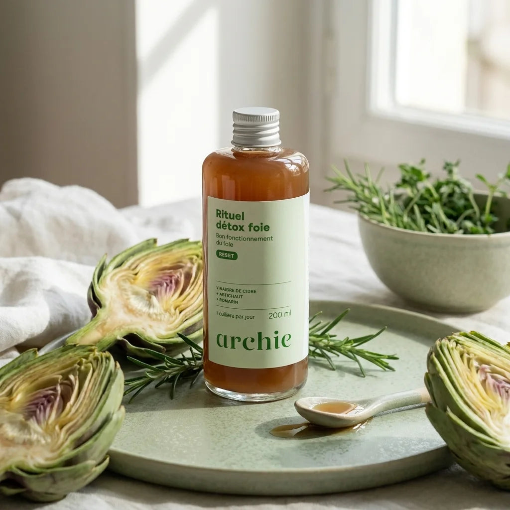 Bouteille Rituel Foie Détox Bio Archie avec artichauts et romarin sur surface wellness