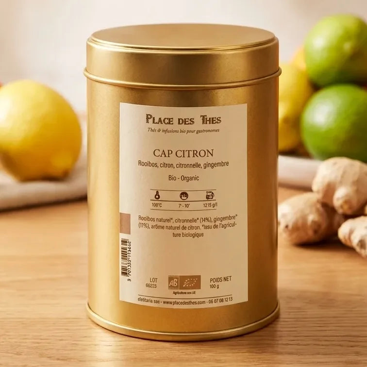Boîte de thé Rooibos Cap Citron bio Place des Thés sur surface bois