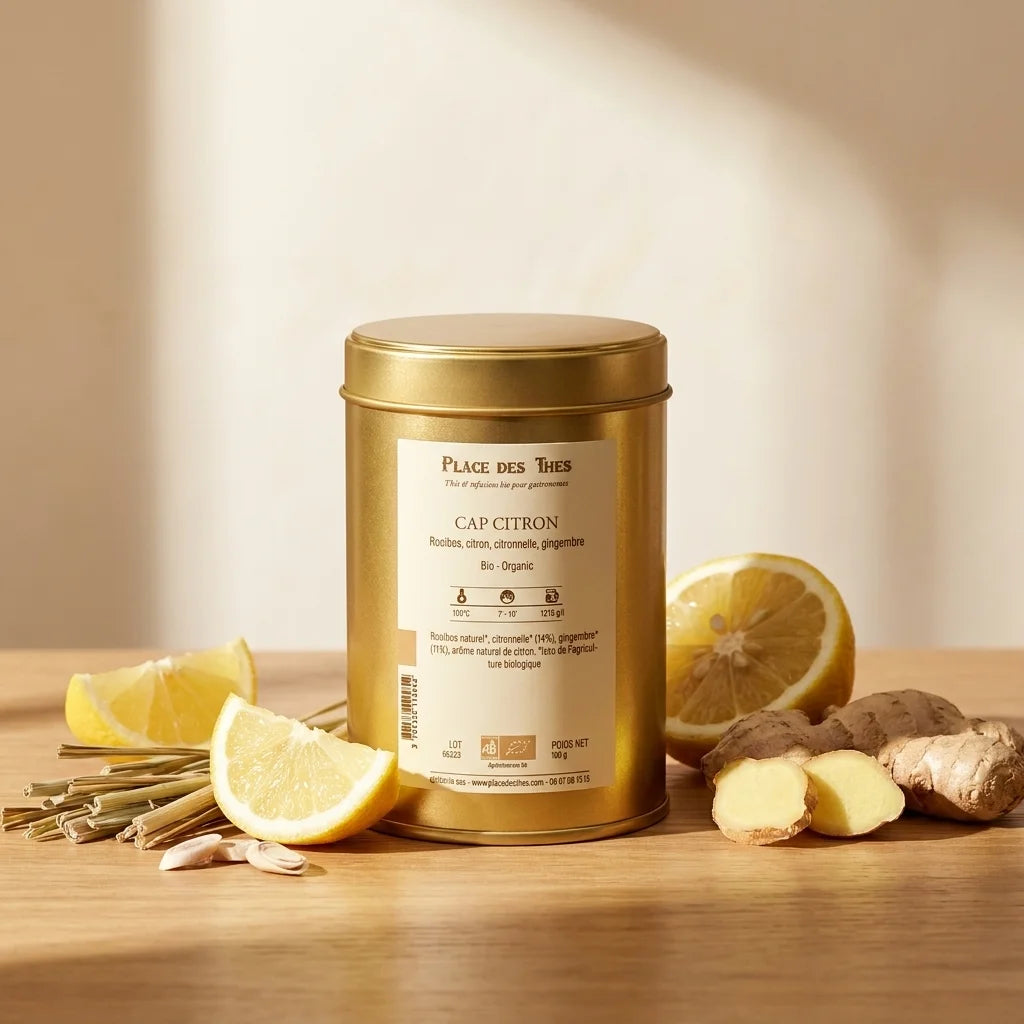 Rooibos Cap Citron Bio Place des Thés avec citron frais et gingembre sur bois