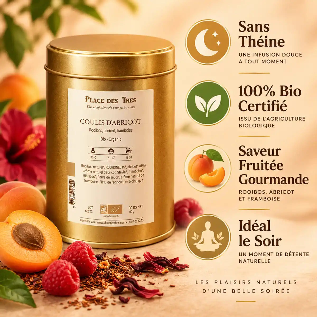 Rooibos Coulis D'Abricot Bio 100g - Infographie des bénéfices sans théine certifié bio
