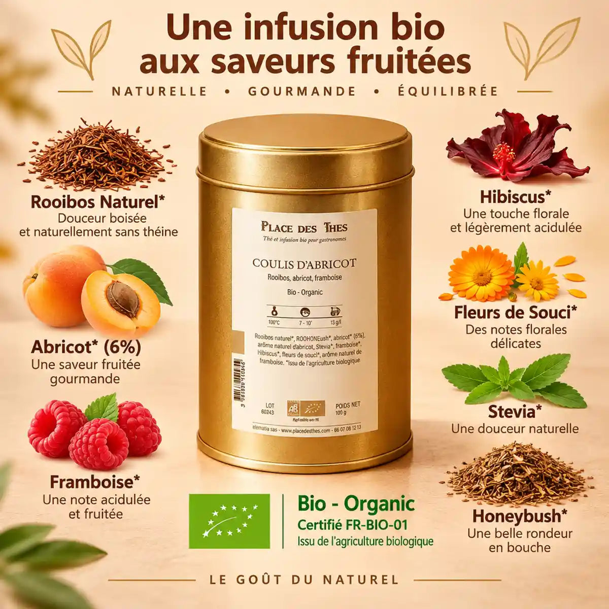 Rooibos Coulis d'Abricot Bio 100g Place des Thés - Boîte dorée avec ingrédients biologiques certifiés