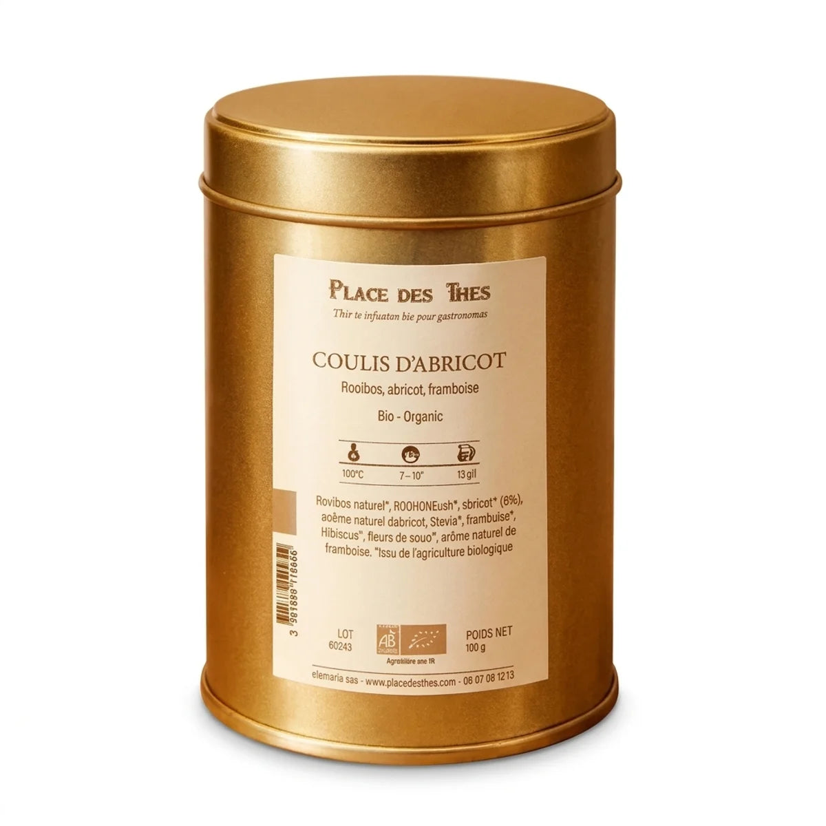 Rooibos Coulis D'Abricot Bio 100g Place des Thés - Boîte dorée métallisée sur fond blanc