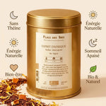Rooibos Esprit D'Afrique du Sud Bio 100g - Boîte dorée avec icônes bien-être et feuilles
