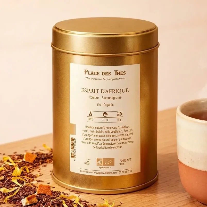 Rooibos Esprit d'Afrique bio Place des Thés en boîte dorée avec feuilles de thé et tasse