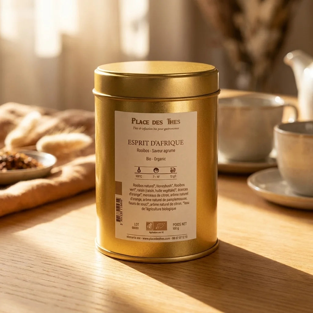 Rooibos Esprit d'Afrique du Sud bio Place des Thés sur bois, packaging doré